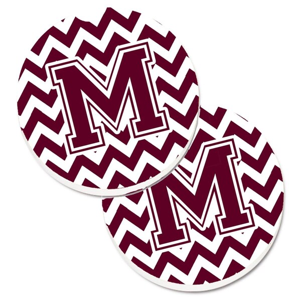 Carolines Treasures Letter M Chevron Maroon and White Set of 2 Cup Holder Car Coaster CJ1051-MCARC - main
